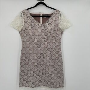 Sheila Frank Designer Lace Overlay V Neck Sheath Dress Brown White Short Sleeve